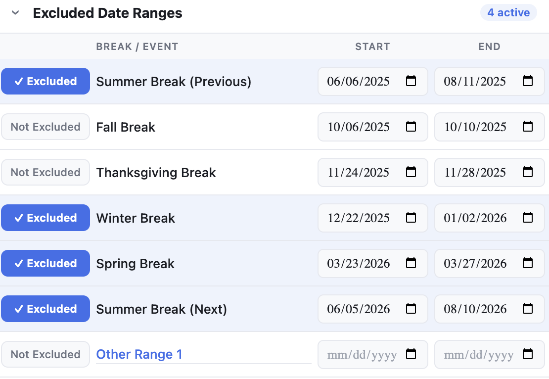 Smart due date calculator. settings